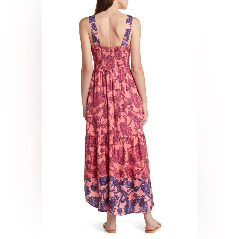 DU PARADIS Colorblock Asymmetric Hem Midi Sundress in Pink Coral - Picture 2 of 7